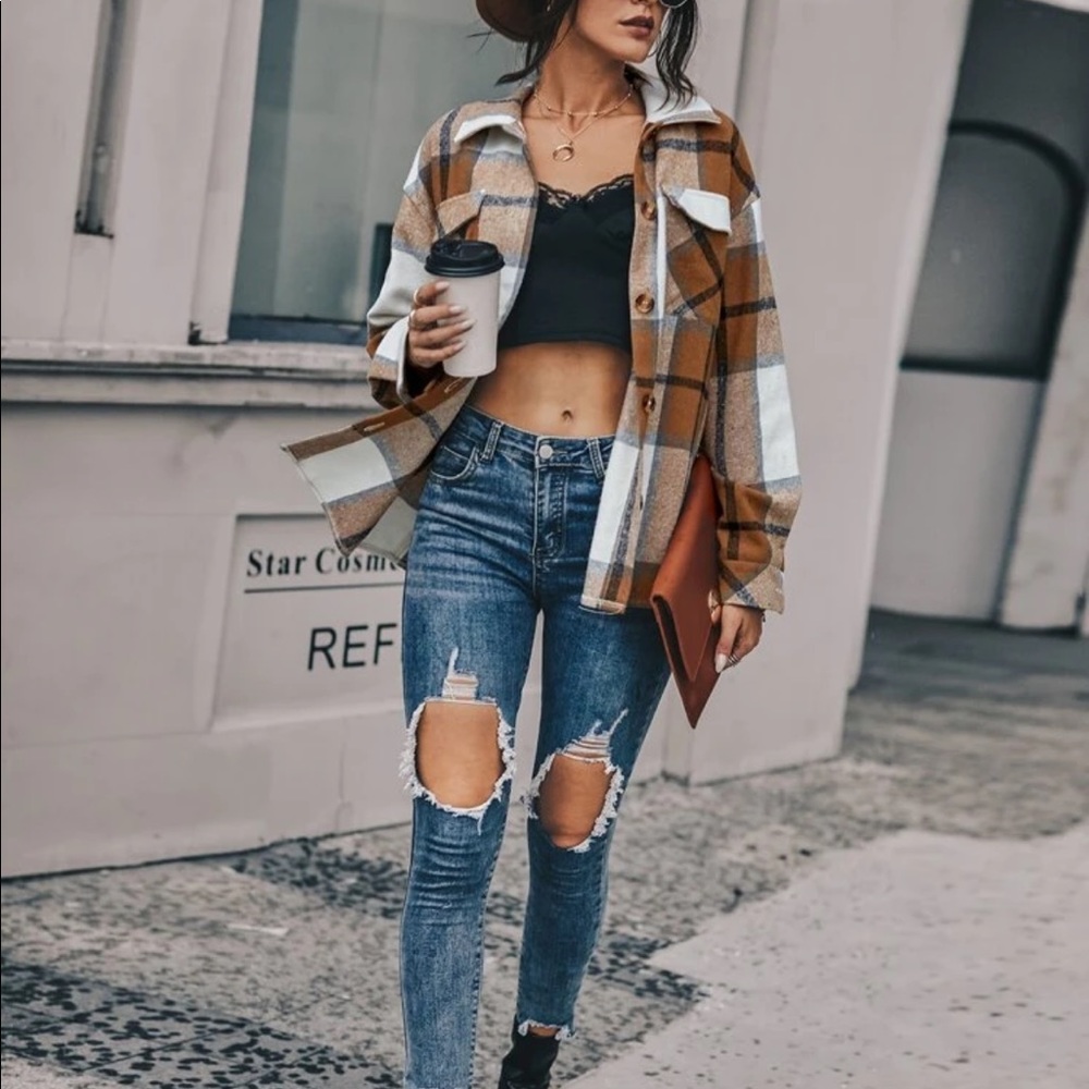 Plaid Pattern Button Up Drop Shoulder Overcoat - image 2